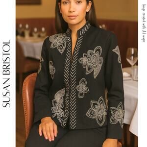 SUSAN BRISTOL Black & White Silk Blend Embroidered Jacket ~ Blazer, S